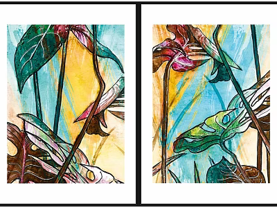 Colorful Plant Themed Wall Decor Two Piece Artwork With Green Leaves And Stems 3d model