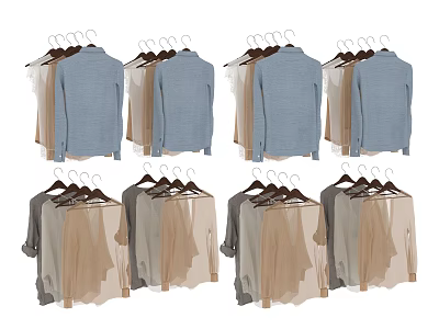Various Colored Tops Hanging On Hangers With Blue Beige Gray Shades 3d model
