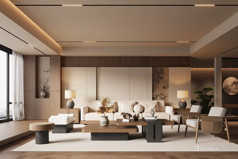 Elegant Modern Living Room Interior With Beige Sofa Coffee Table And Potted Plants 3d model 