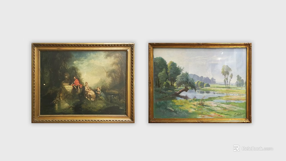 Two Vintage Oil Paintings Featuring Red Figures Trees Grass and River Landscape 3d model 