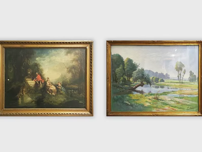 Two Vintage Oil Paintings Featuring Red Figures Trees Grass and River Landscape 3d model