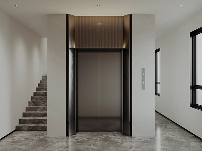 Modern Elevator Interior With Marble Floor Staircase White Walls And Windows 3d model
