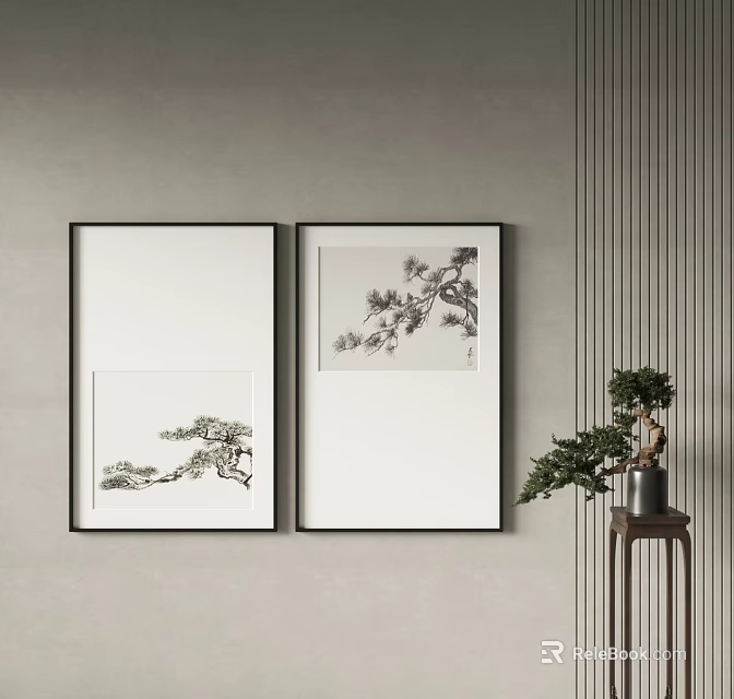 Two Pine Tree Landscape Paintings Hanging On Wall With Small Table And Potted Plant 3d model