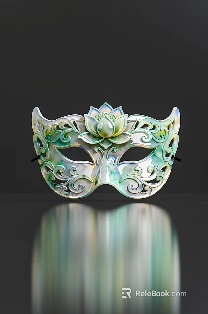 Decorative Green And White Mask With Lotus Flower Center And Intricate Scroll Patterns 3d model 