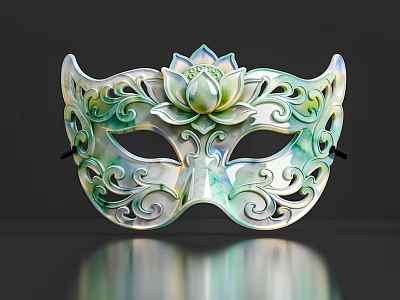 Decorative Green And White Mask With Lotus Flower Center And Intricate Scroll Patterns 3d model