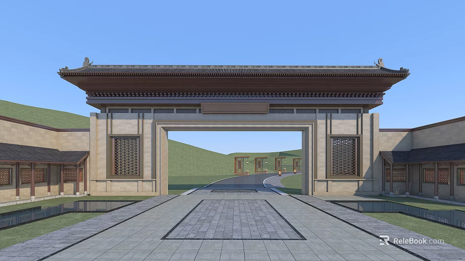 Traditional Chinese Entrance Gate With Classic Roof Stone Structure Carved Windows And Wide Path 3d model 