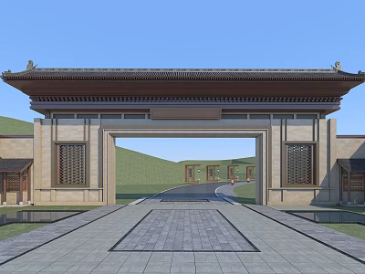 Traditional Chinese Entrance Gate With Classic Roof Stone Structure Carved Windows And Wide Path 3d model