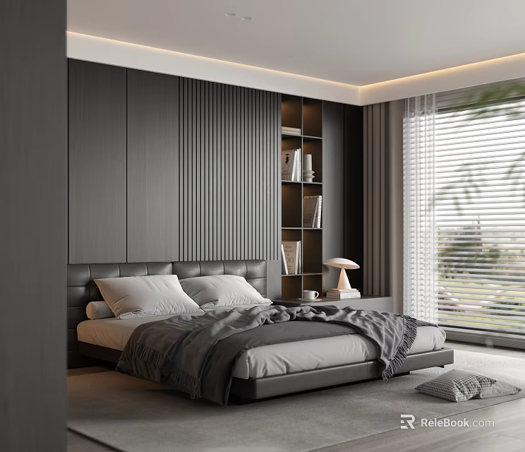 Modern Bedroom Interior With Large Bed Gray Bedding Bookshelf Nightstand Window Blinds And Area Rug 3d model 