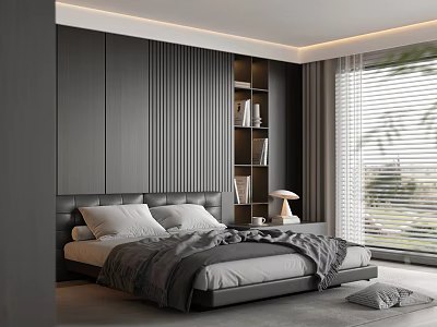 Modern Bedroom Interior With Large Bed Gray Bedding Bookshelf Nightstand Window Blinds And Area Rug 3d model