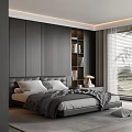 Modern Bedroom Interior With Large Bed Gray Bedding Bookshelf Nightstand Window Blinds And Area Rug
