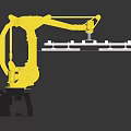 Yellow Robotic Arm Lifting Wooden Grid Pallet With Furniture Manufacturing Components