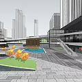 Modern Office Building Complex With Glass Curtain Walls Rooftop Garden Plaza And Water Pool