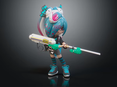 3D Modeled Cartoon Character With Blue Hair And Creature Headpiece Holding Green White Weapon 3d model