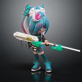 3D Modeled Cartoon Character With Blue Hair And Creature Headpiece Holding Green White Weapon