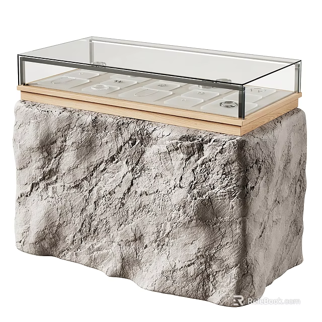 Display Showcase With Rock Texture Base Transparent Glass Top And Wooden Compartments 3d model 