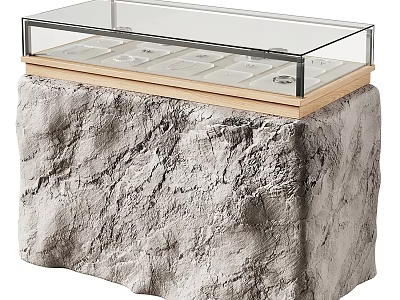 Display Showcase With Rock Texture Base Transparent Glass Top And Wooden Compartments 3d model