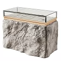 Display Showcase With Rock Texture Base Transparent Glass Top And Wooden Compartments