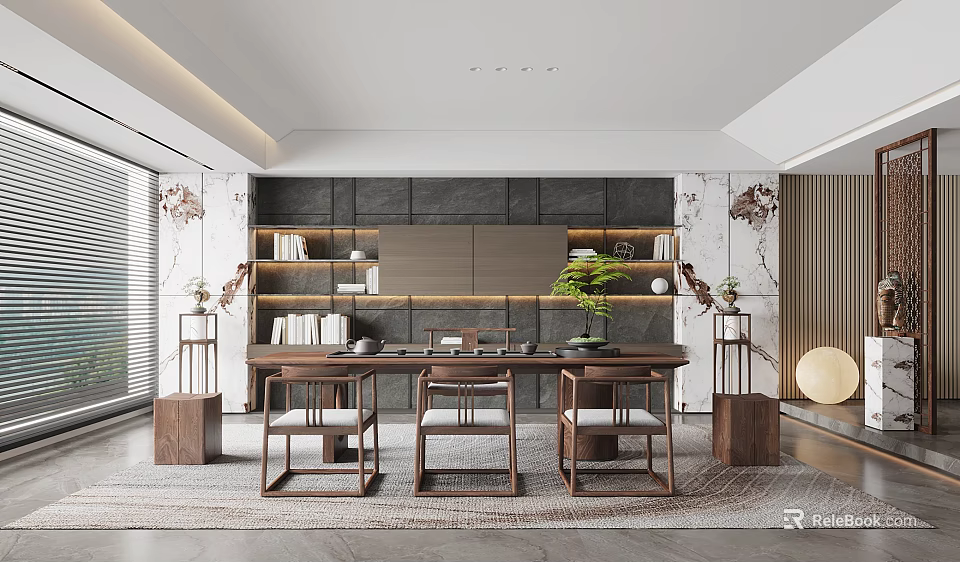 Traditional Tea Room Interior With Wooden Tea Table Seats Bookshelves And Green Plants 3d model 