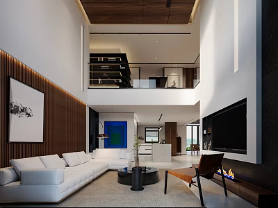 Modern Duplex Living Room With High Ceiling White Sofa Wood Paneling And Fireplace 3d model