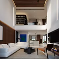 Modern Duplex Living Room With High Ceiling White Sofa Wood Paneling And Fireplace