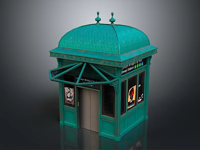 Green Roof Outdoor Kiosk With Decorative Top Windows And Posters Door 3d model