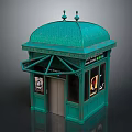 Green Roof Outdoor Kiosk With Decorative Top Windows And Posters Door