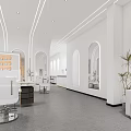 Modern Beauty Salon Interior Design With White Styling Chairs Sofas And Wall Art Arched Doorways