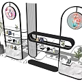 Modern Display Shelves with Curved Design Transparent Panels for Product Display in Retail Space