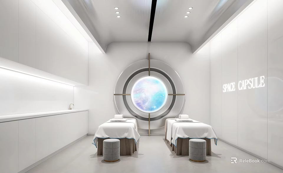 Modern White Hospital Ward With Two Beds Small Stools Circular Window And Blue Earth View 3d model 