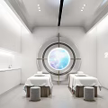Modern White Hospital Ward With Two Beds Small Stools Circular Window And Blue Earth View