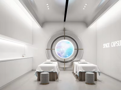 Modern White Hospital Ward With Two Beds Small Stools Circular Window And Blue Earth View 3d model