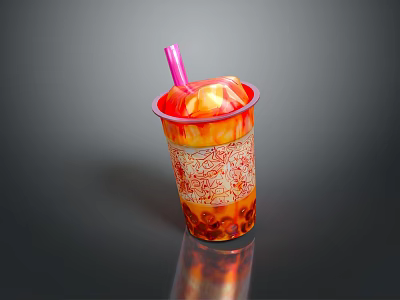 Colorful Bubble Tea in Transparent Cup with Tapioca Pearls and Pink Straw 3d model