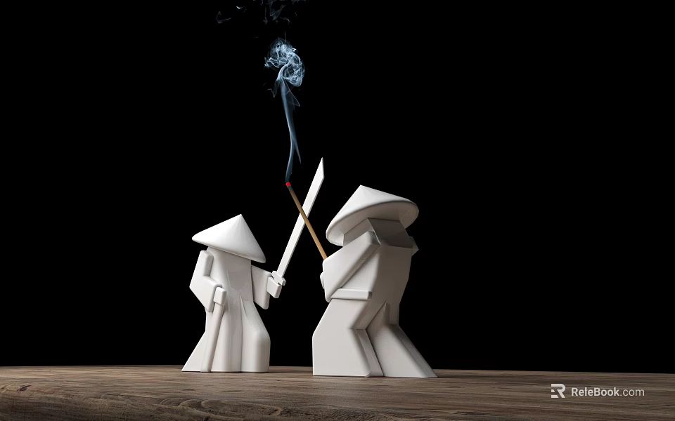 Ceramic Figurines With Conical Hats Holding Swords Burning Match Smoke On Wooden Tabletop Black Background 3d model 