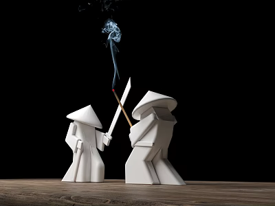 Ceramic Figurines With Conical Hats Holding Swords Burning Match Smoke On Wooden Tabletop Black Background 3d model
