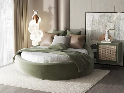 Green Round Bed in Modern Bedroom Interior With Pillows Blanket Nightstand and Lamp 3d model