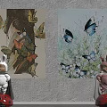 Animal Paintings Of Butterflies With Tree Branches And Flower Bushes On Wall