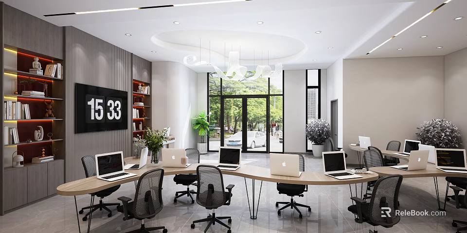 Modern Service Hall Interior With Laptops Black Office Chairs Green Plants And Large Windows 3d model 