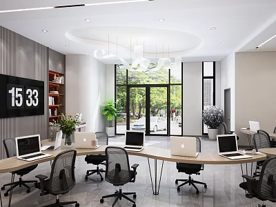 Modern Service Hall Interior With Laptops Black Office Chairs Green Plants And Large Windows 3d model