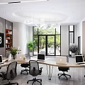 Modern Service Hall Interior With Laptops Black Office Chairs Green Plants And Large Windows