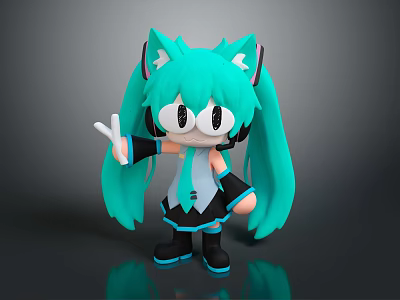 Anime Style Game Character With Turquoise Long Pigtails And Headphones Making Peace Sign 3d model