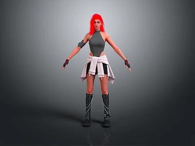 Female Character With Red Hair Gray Sleeveless Top White Tied Apron And Black Boots 3d model