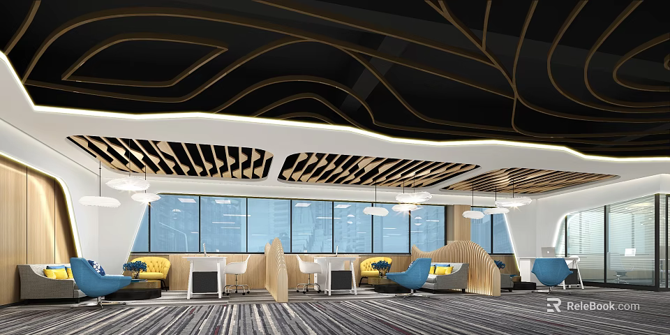 Modern Leisure Area With Comfortable Sofas Large Windows And Decorative Ceiling 3d model