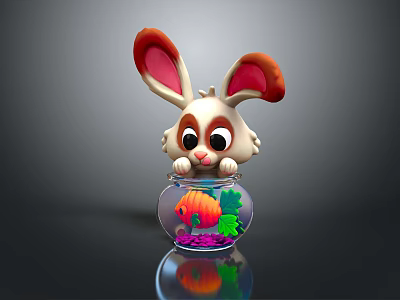 Adorable Fish Tank with Cartoon Rabbit Head Orange Fish Green Aquatic Plants and Purple Decorations 3d model