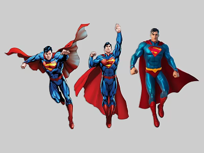 Superman Characters In Blue Costumes With Red Capes And Various Poses 3d model