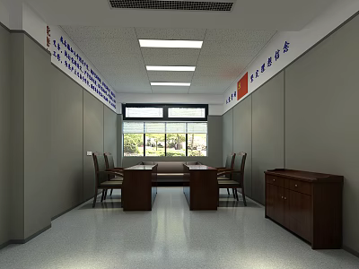 Leisure Area with Gray Walls Square Lights Long Table Chairs Brown Cabinet Green Window View 3d model