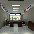 Leisure Area with Gray Walls Square Lights Long Table Chairs Brown Cabinet Green Window View