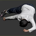 Man In White Long Sleeve Shirt And Blue Jeans Doing Punching Gesture On Gray Background