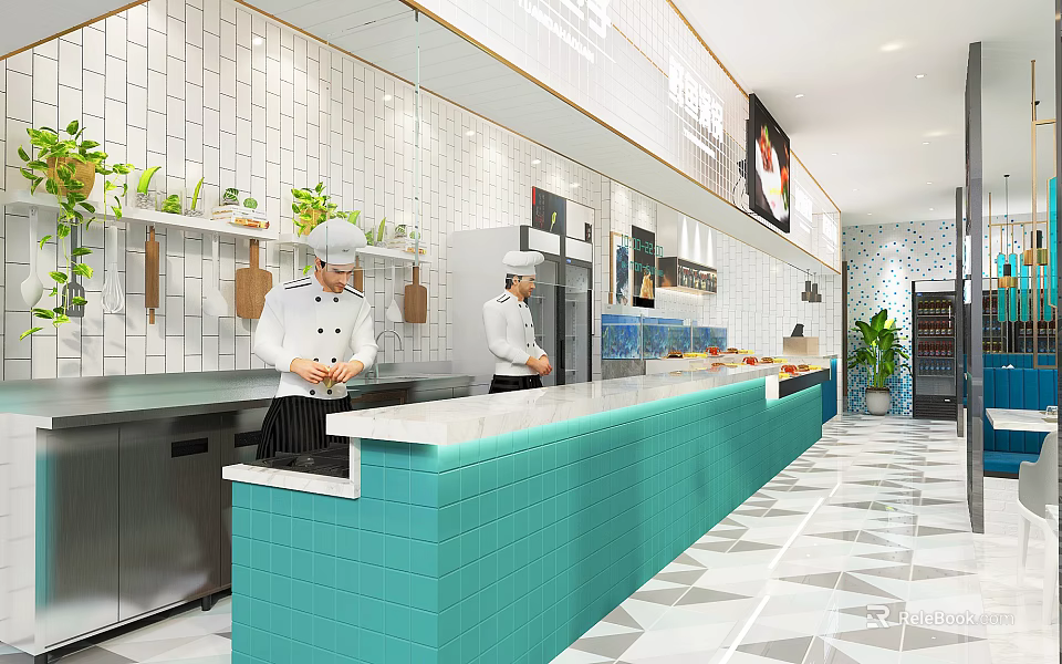 Modern Restaurant Open Kitchen Interior With Chefs Teal Counter White Tiled Walls And Plants 3d model 