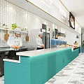 Modern Restaurant Open Kitchen Interior With Chefs Teal Counter White Tiled Walls And Plants