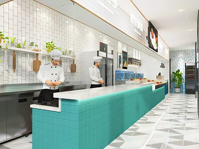 Modern Restaurant Open Kitchen Interior With Chefs Teal Counter White Tiled Walls And Plants 3d model